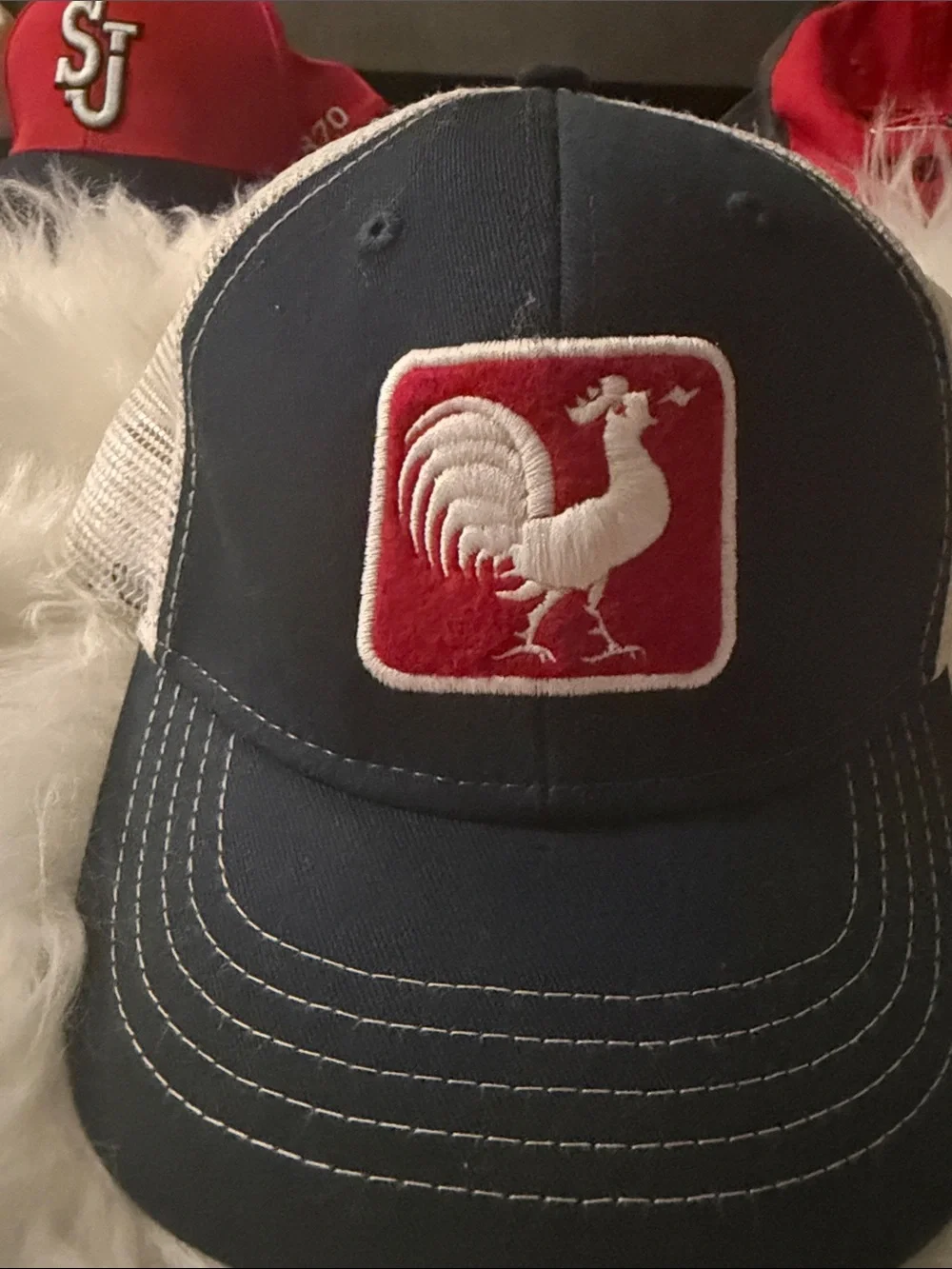 Blue and White Rooster Patch Trucker Cap